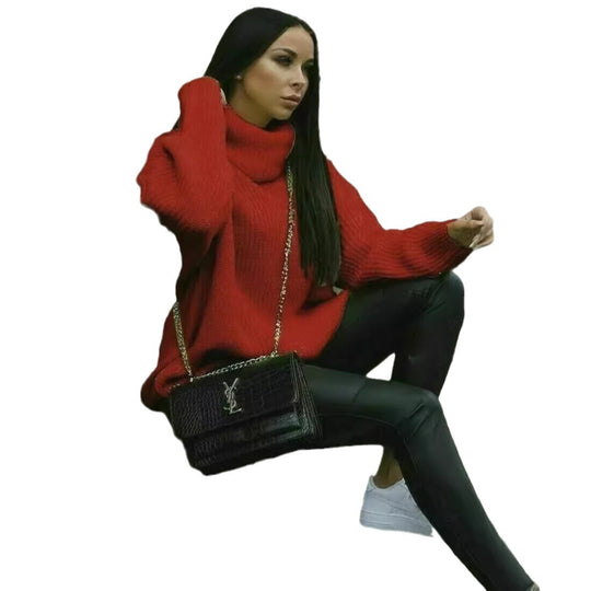 Damen Oversized Strickpullover mit hohem Kragen und modernem Schnitt R&B