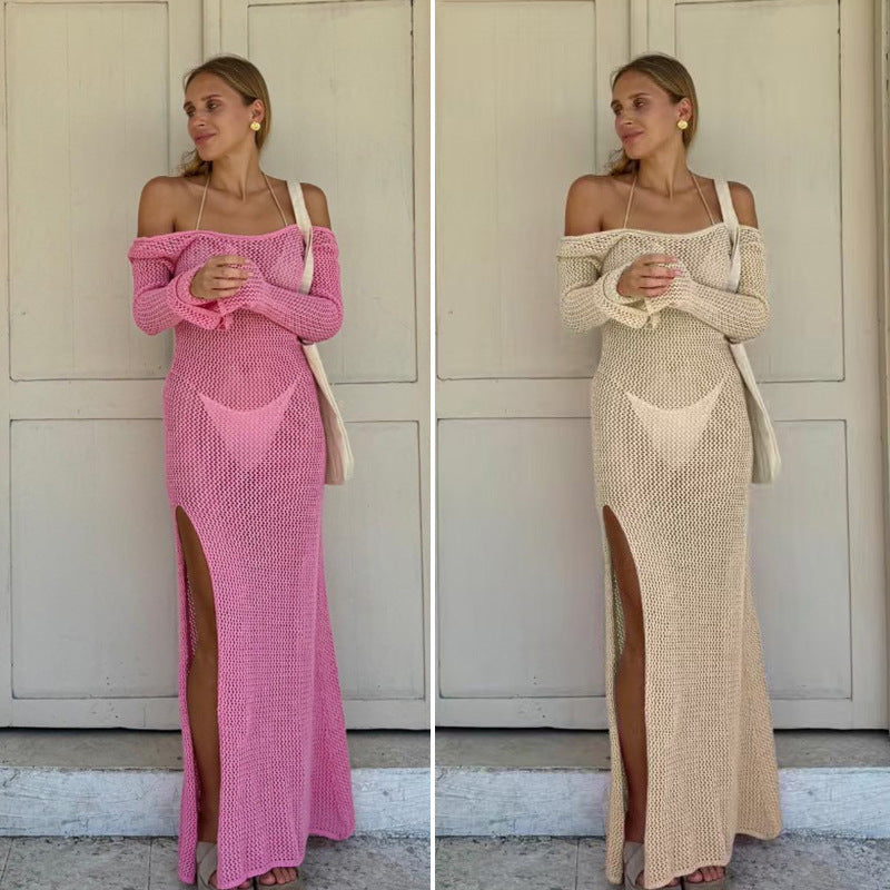 Damen Häkel-Maxikleid mit offener Schulterpartie und seitlichem Schlitz EB
