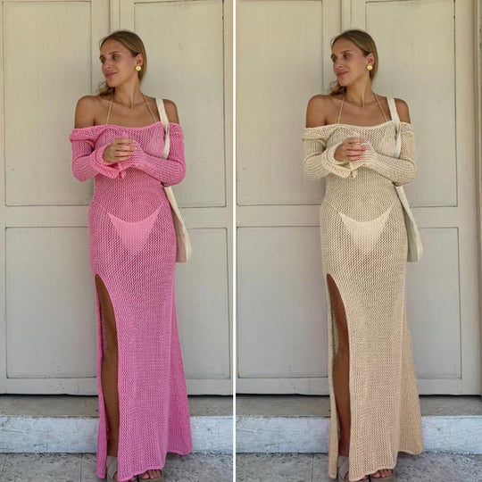 Damen Häkel-Maxikleid mit offener Schulterpartie und seitlichem Schlitz R&B