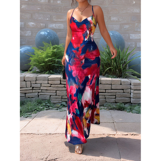Damen Maxikleid mit floralem Aquarelldruck und schmalen Spaghetti-Trägern R&B