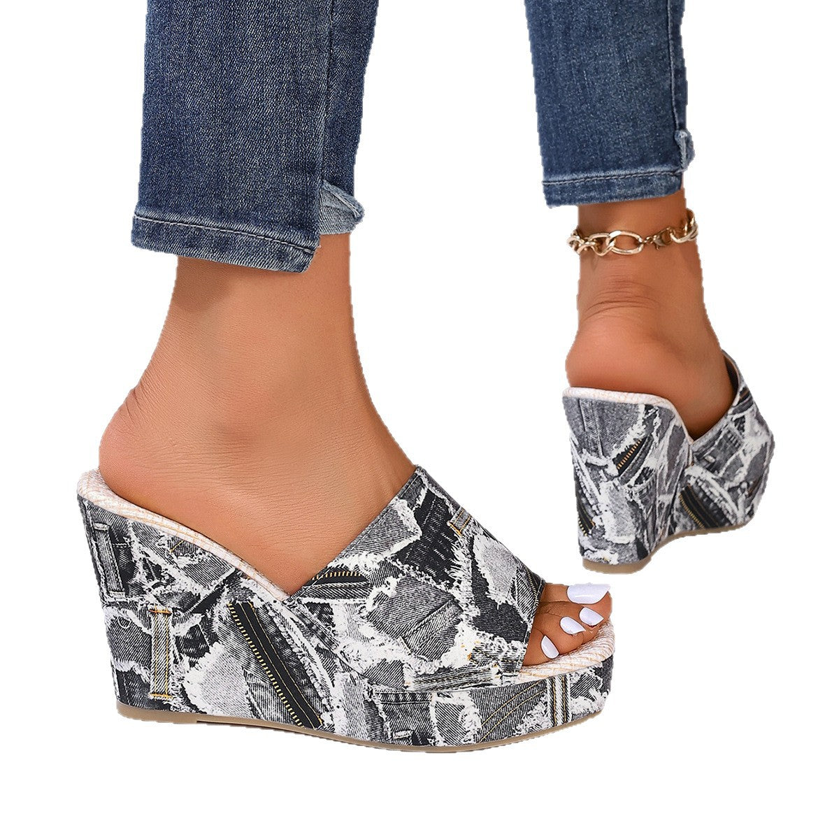 Damen Wedge-Sandalen mit Denim-Obermaterial und atmungsaktiver Sohle R&B