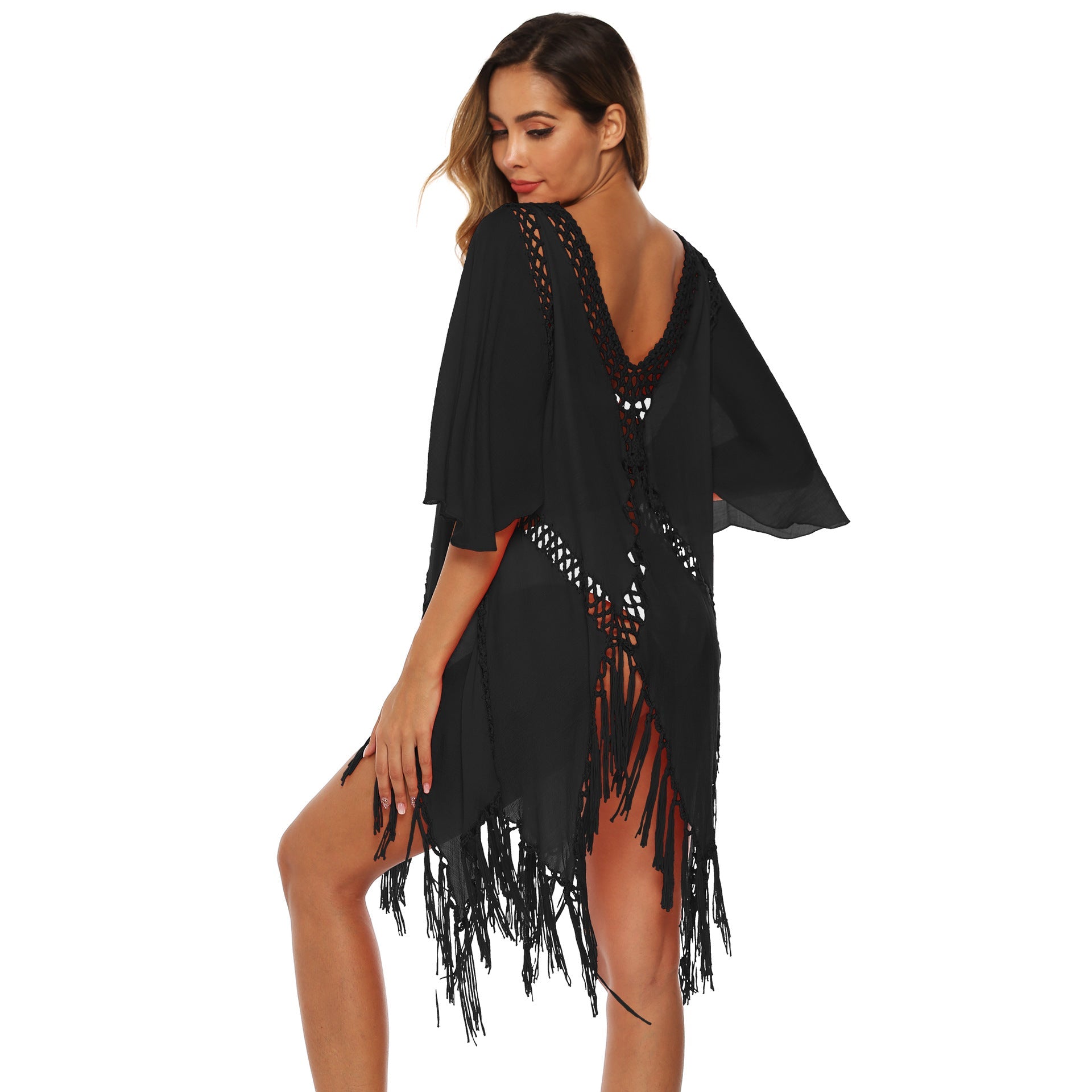 Damen eleganter Häkel-Strandüberwurf mit Fransen R&B