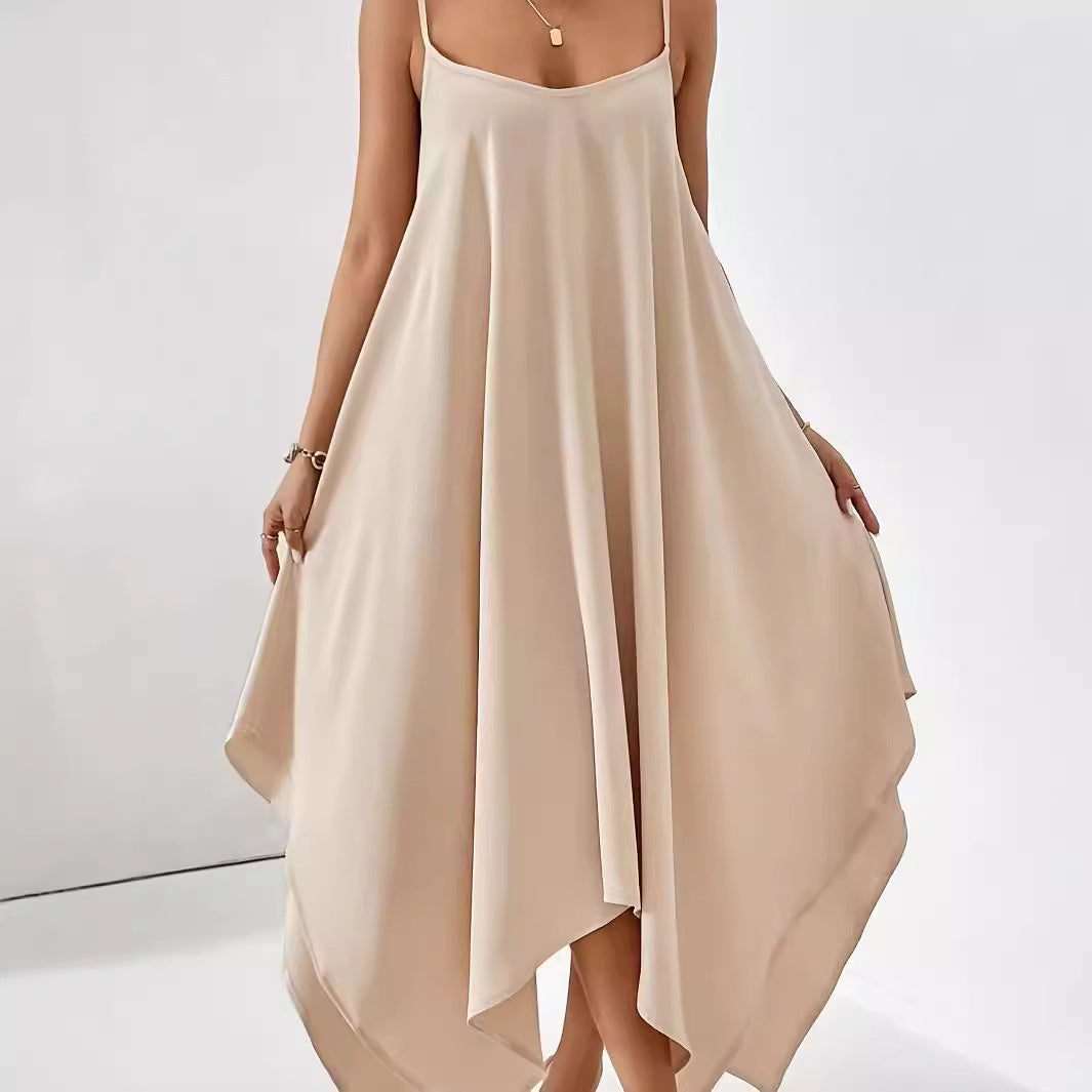 Damen luftiges Maxikleid mit asymmetrischem Saum und feinen Spaghettiträgern R&B
