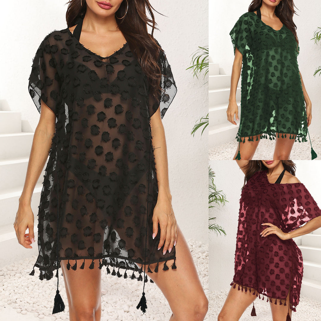 Damen transparenter Strandüberwurf mit trendy Quasten R&B