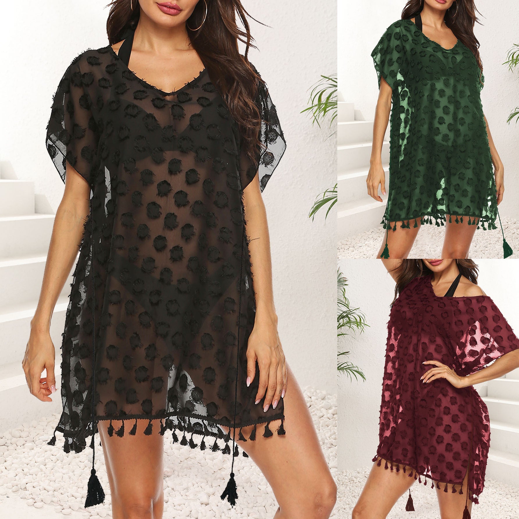 Damen transparenter Strandüberwurf mit trendy Quasten R&B