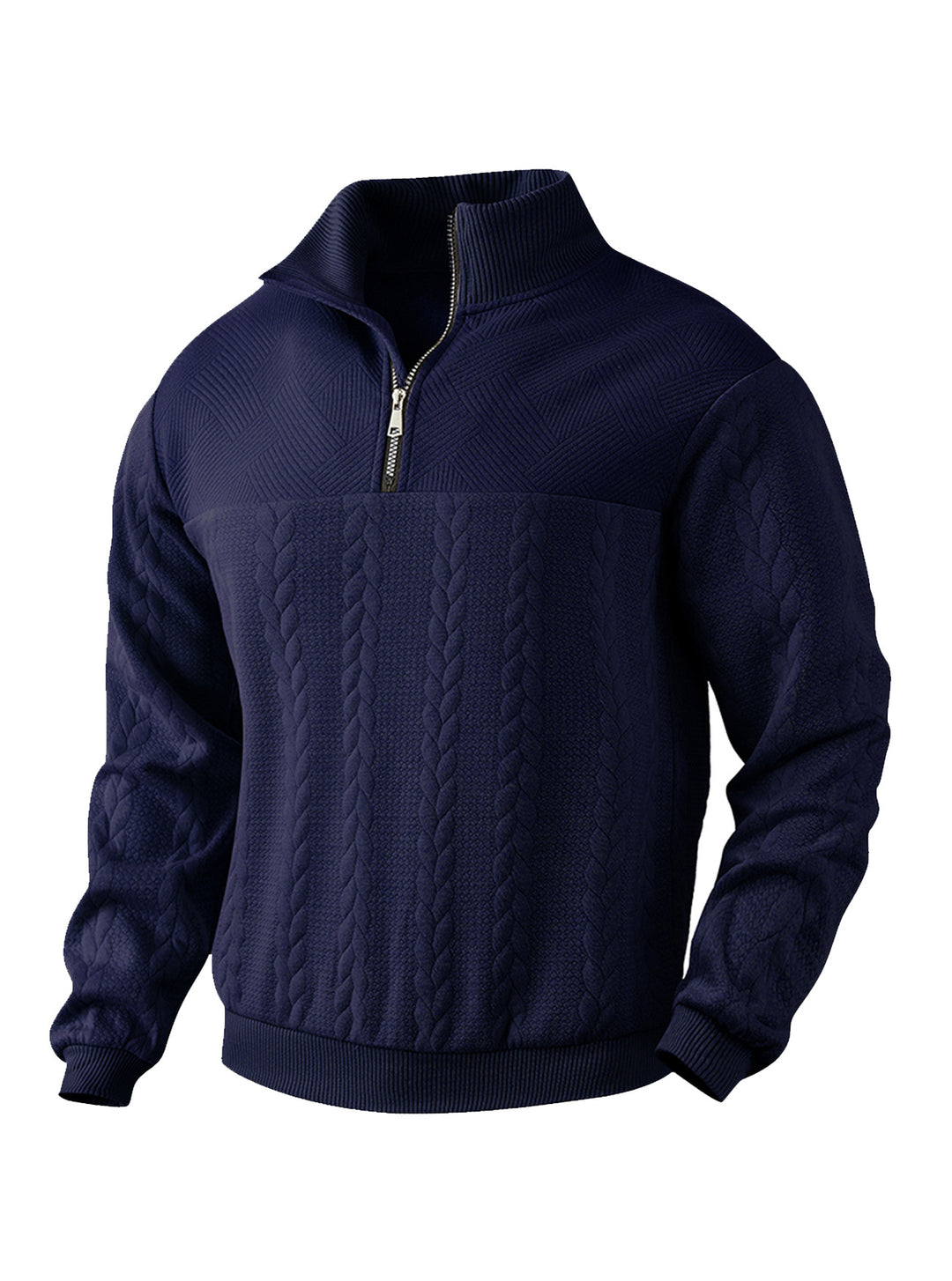 Herren nan texturierter Strickpullover mit Halbzip, geflochtenem Zopfmuster und hohem Stehkragen R&B
