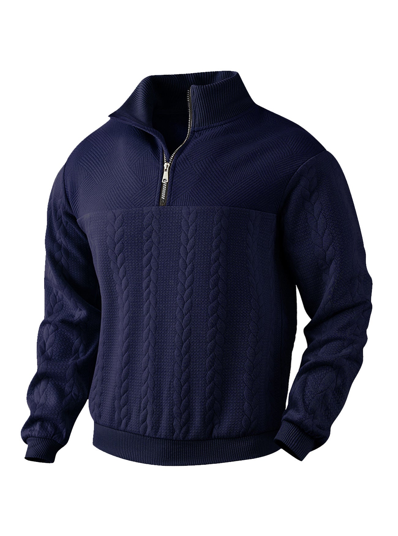Herren nan texturierter Strickpullover mit Halbzip, geflochtenem Zopfmuster und hohem Stehkragen R&B