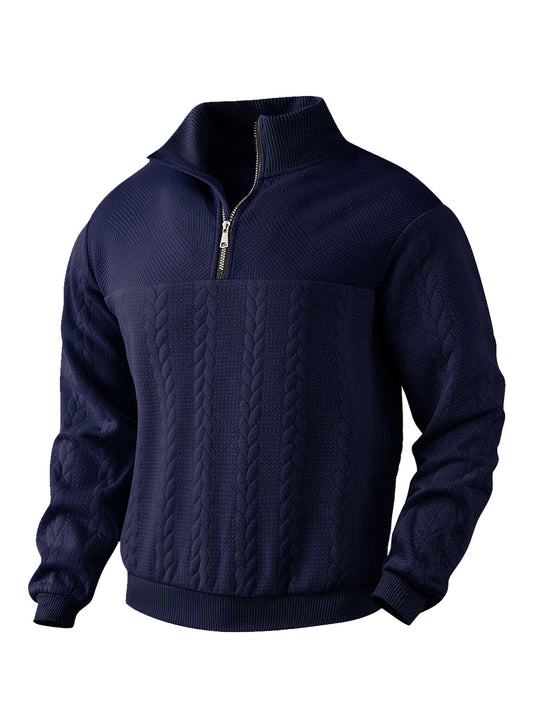 Herren nan texturierter Strickpullover mit Halbzip, geflochtenem Zopfmuster und hohem Stehkragen R&B