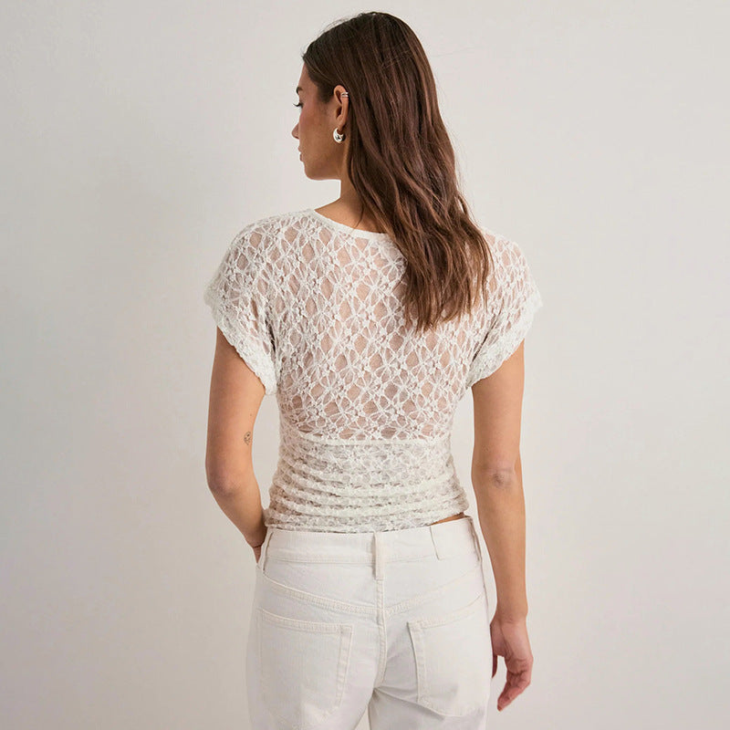 Damen Elegantes Spitzenoberteil mit V-Ausschnitt und weitem Schnitt R&B