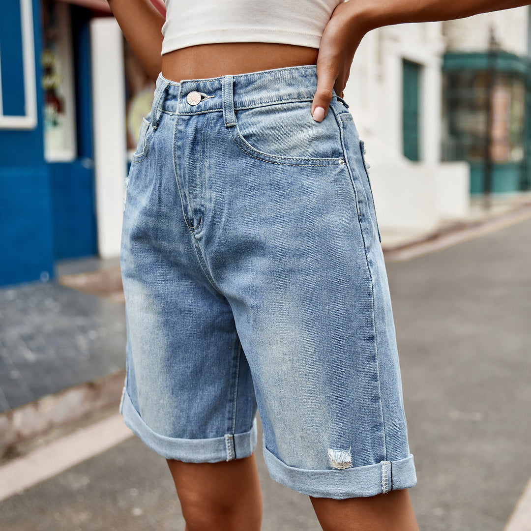 Damen entspannte Denim-Shorts mit umgeschlagenem Saum R&B