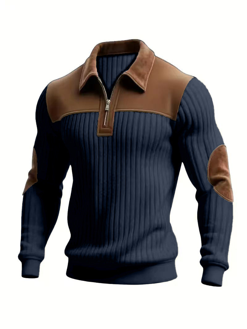 Herren nan gerippter Halbzip-Pullover mit kontrastierenden Lederapplikationen an Schultern und Ellenbogen R&B