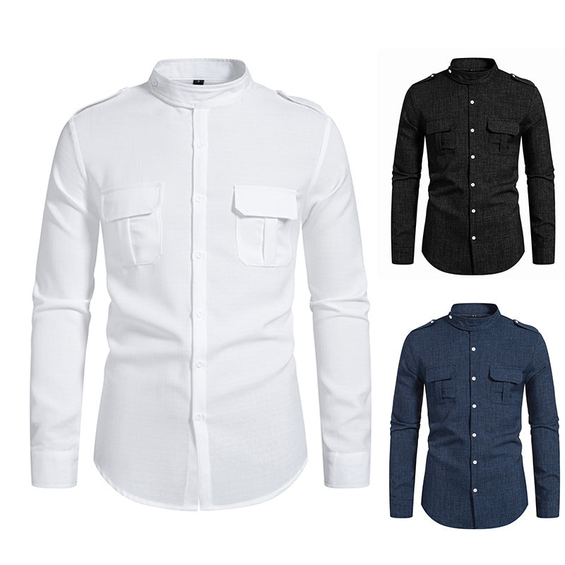 Herren Langarmhemd mit eleganten Brusttaschen und modernem Stehkragen R&B