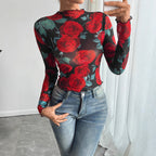 Damen nan figurbetontes Netz-Langarmshirt mit Rosenmotiv, Stehkragen und Wellensaum R&B