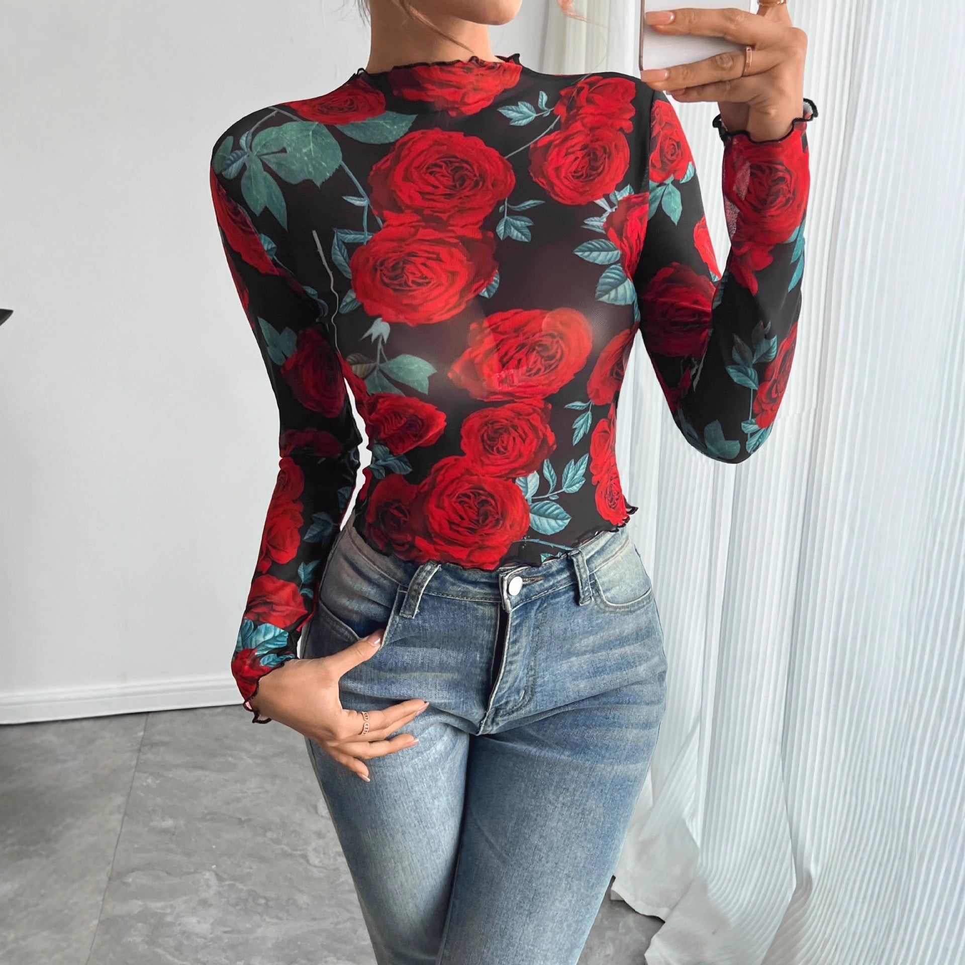 Damen nan figurbetontes Netz-Langarmshirt mit Rosenmotiv, Stehkragen und Wellensaum R&B