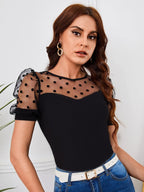 Damen Elegantes Oberteil mit transparenten Puffärmeln und Punkten R&B