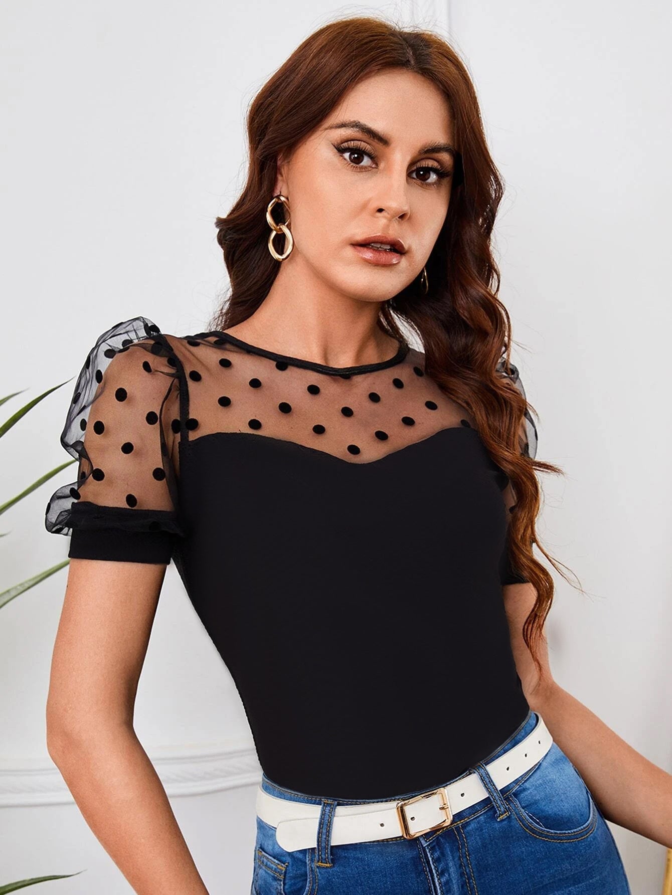 Damen Elegantes Oberteil mit transparenten Puffärmeln und Punkten R&B