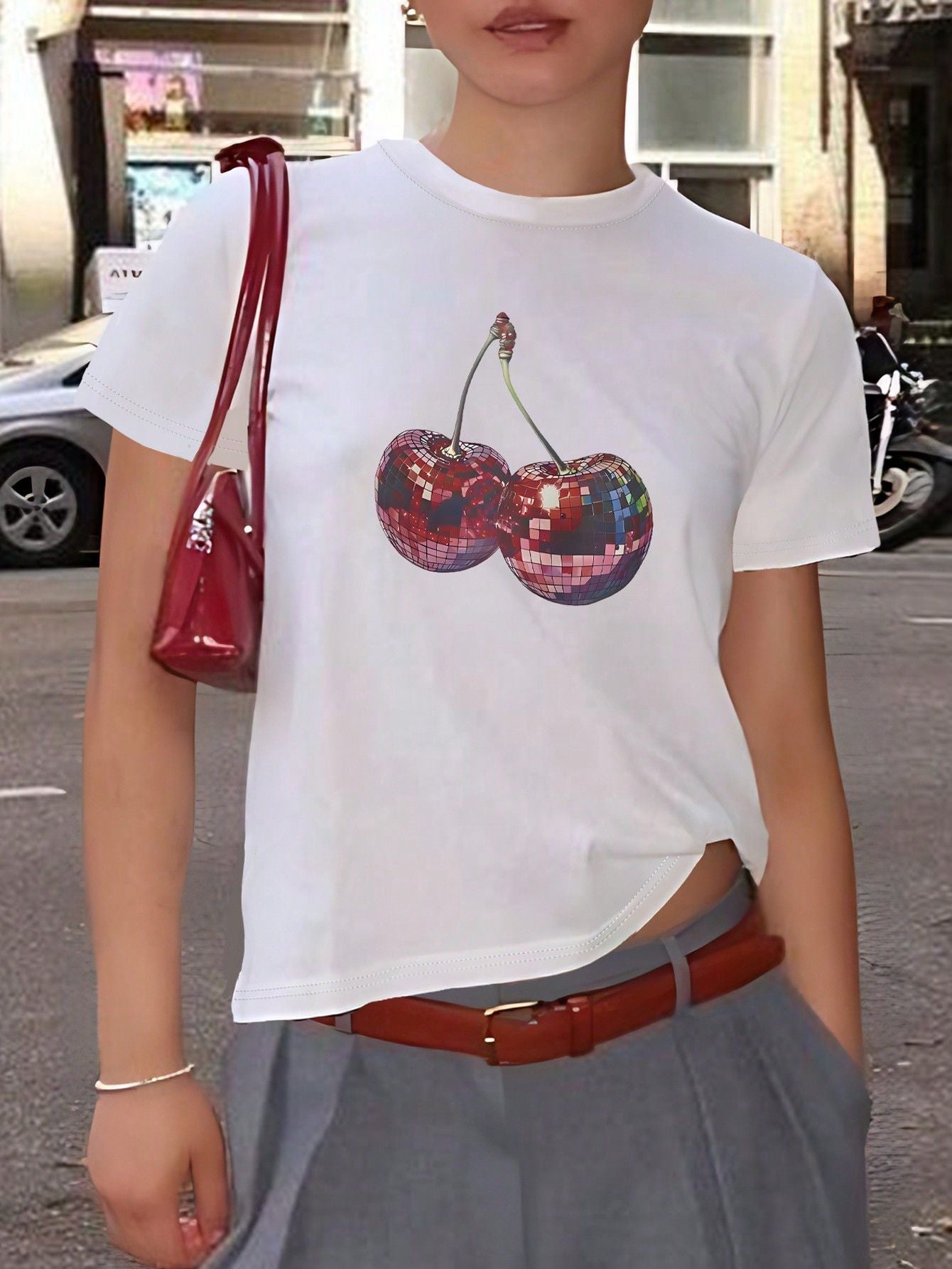 Damen T-Shirt mit kreativem Kirschmotiv und funkelndem Glitzereffekt R&B