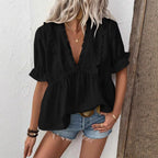 Damen luftige Bluse mit voluminösem Rüschensaum und lockerer Passform R&B