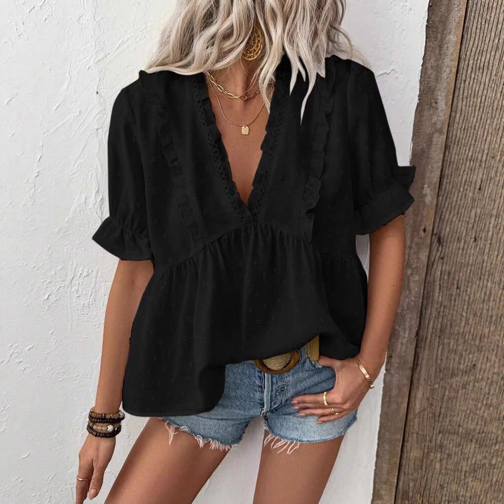 Damen luftige Bluse mit voluminösem Rüschensaum und lockerer Passform R&B