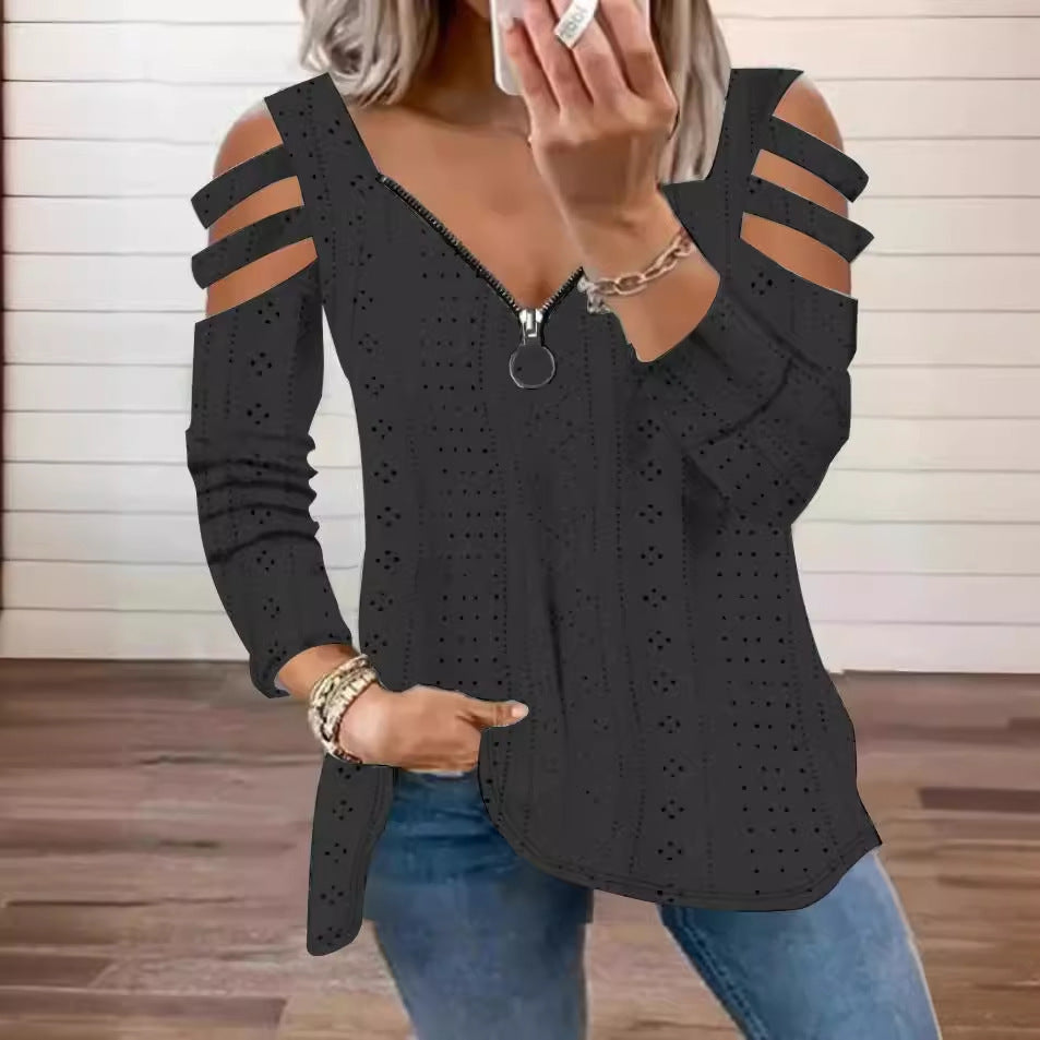 Damen modisches Oberteil mit Cut-Out-Ärmeln und tiefem V-Ausschnitt R&B