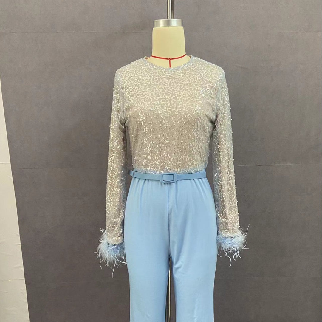 Damen Glitzerndes Oberteil mit langen Ärmeln und eleganter Hose R&B