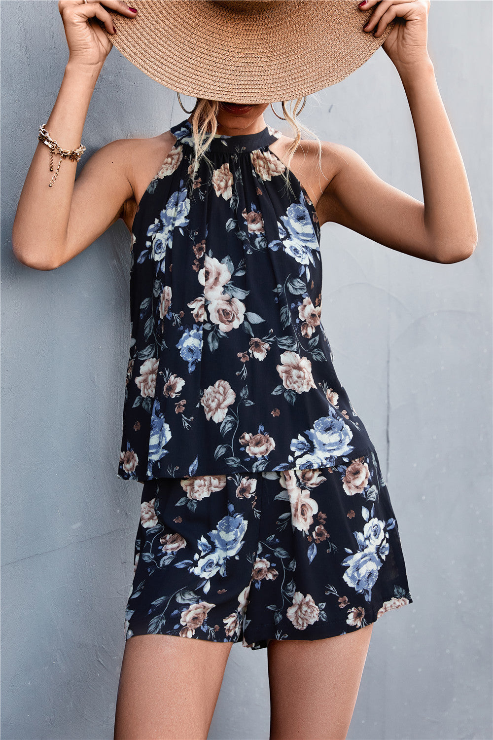Damen luftiger Sommer-Latzanzug mit floralem Design und verstellbarem Hals R&B