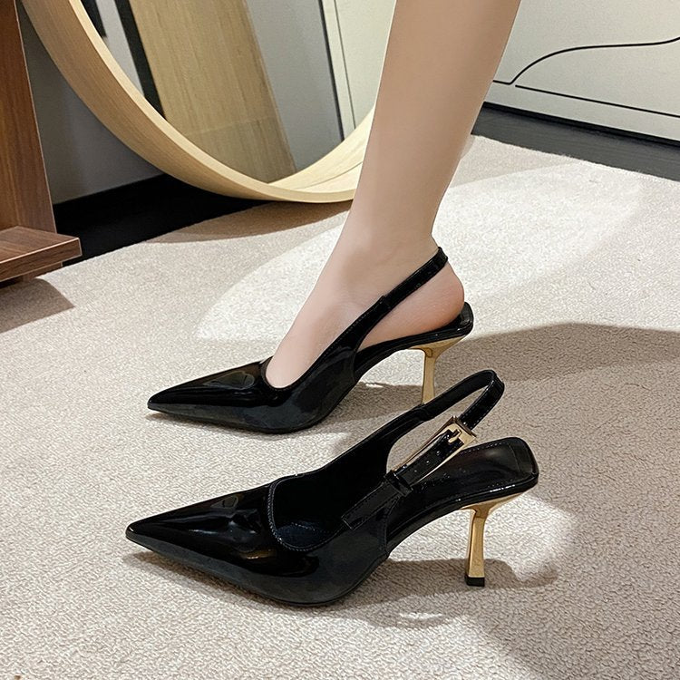 Damen elegante Slingback-Pumps mit spitzem Zehenbereich und glanzvollem Blockabsatz R&B