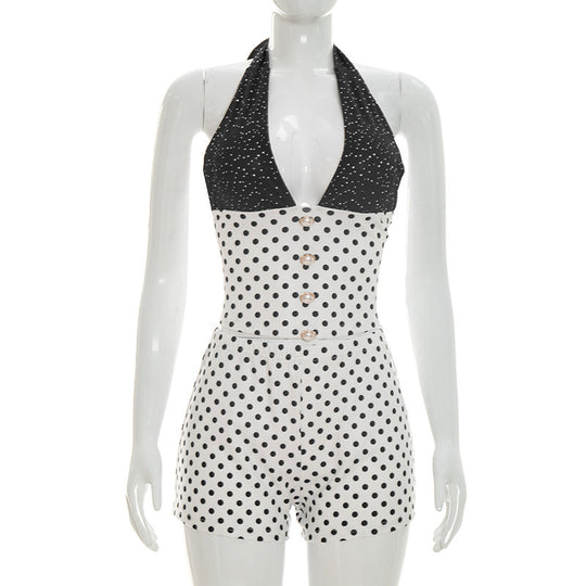 Damen eleganter Jumpsuit mit tiefem V-Ausschnitt und Perlenknopfdetails R&B