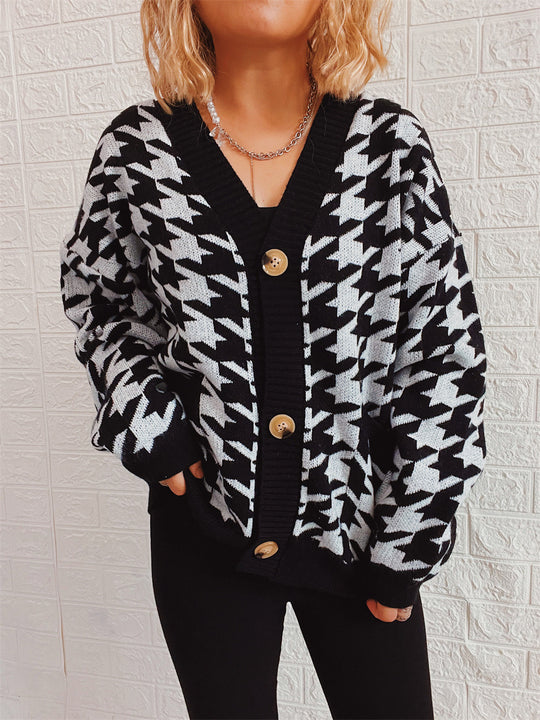 Damen gemütlicher Strickcardigan mit modernen Hahnentrittmuster und Knopfdetails R&B