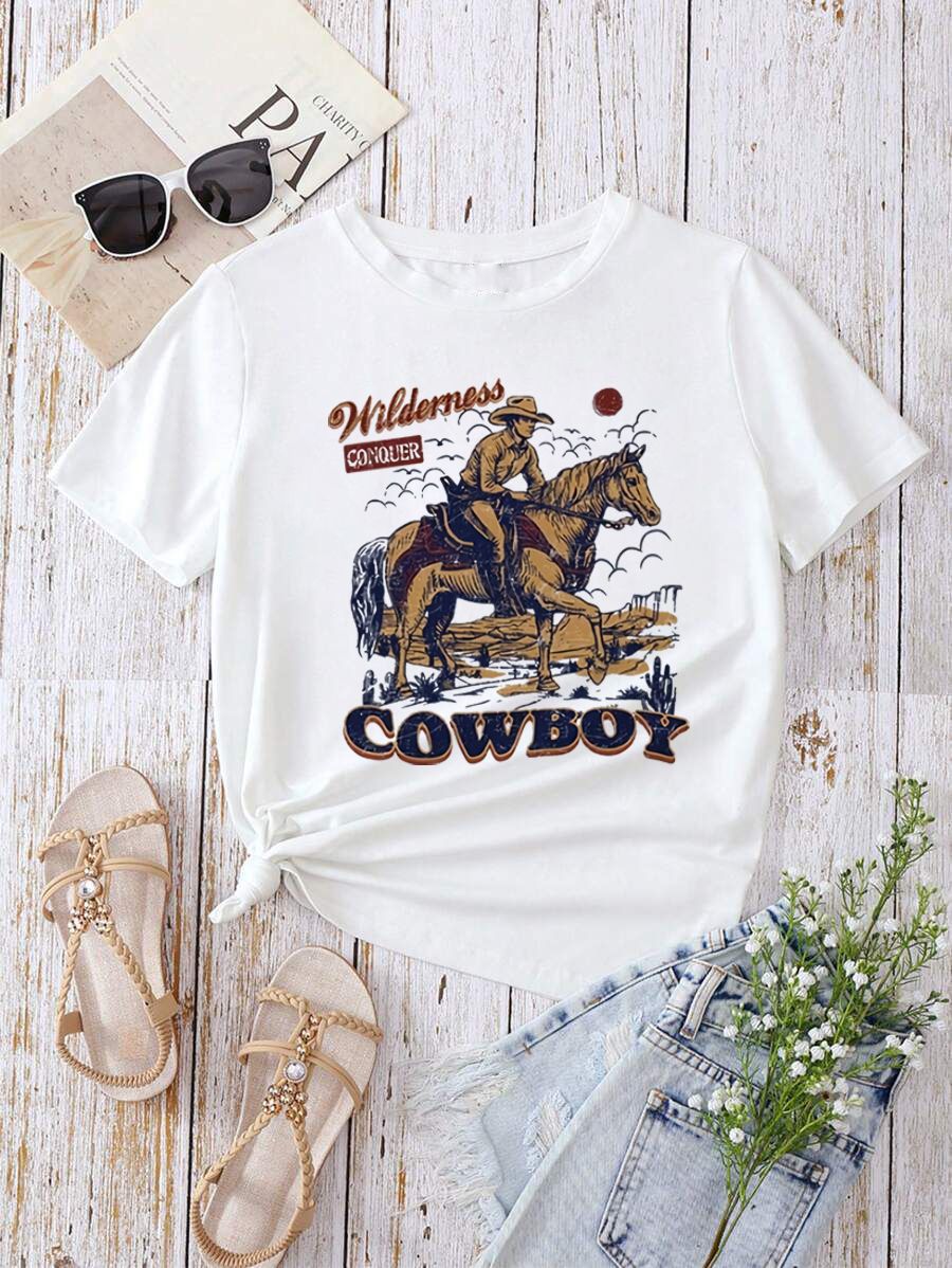 Damen T-Shirt mit kreativem Grafikdruck und luxuriösen Paillettenakzenten R&B