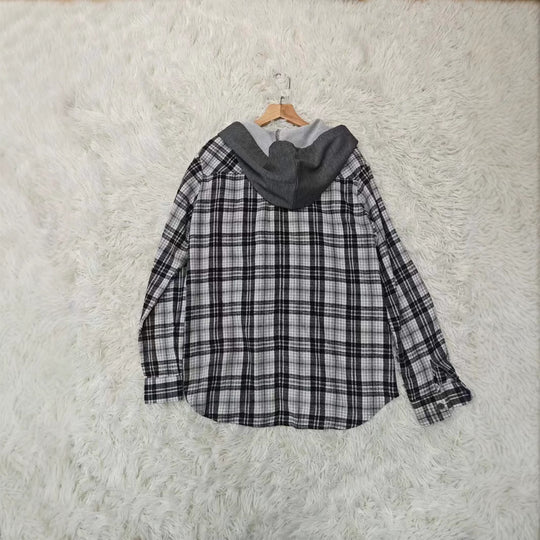 Damen lässige Flanellhemdjacke mit Kapuze und Karomuster R&B