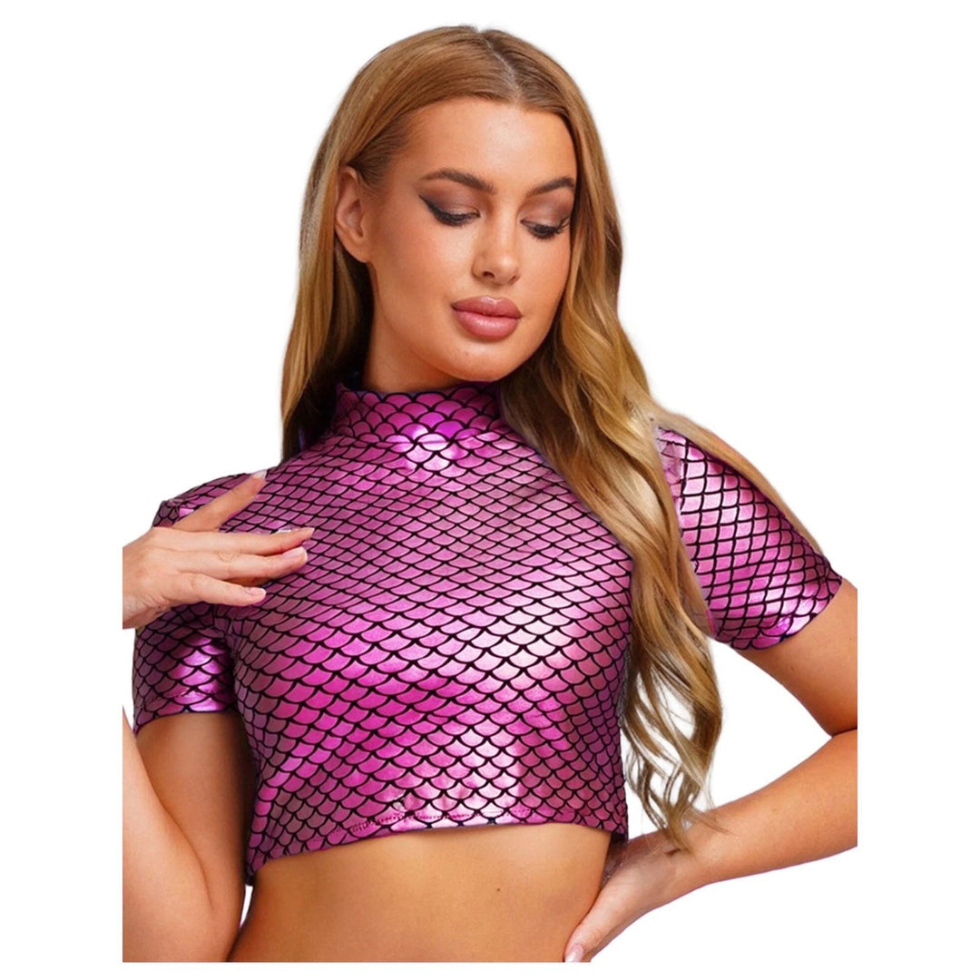 Damen Glitzerndes Cropped Shirt mit schimmerndem Fischschuppen-Muster R&B