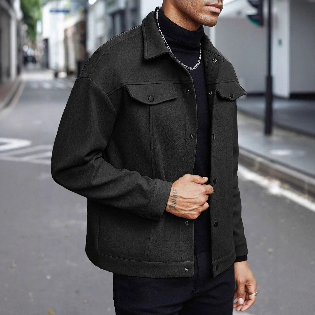 Herren nan Wolloptik-Overshirt Jacke im Shacket-Stil mit Brustklappen und Druckknopfleiste R&B