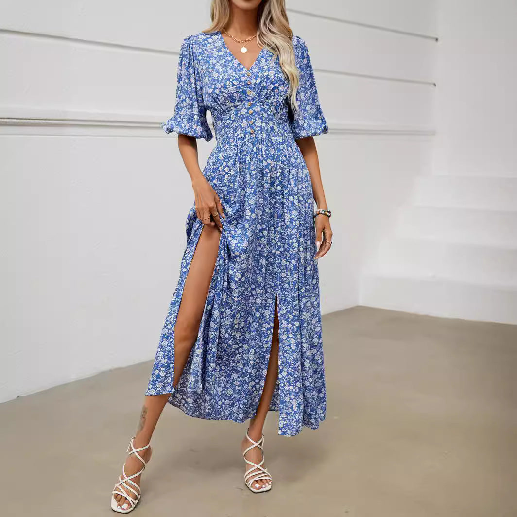 Damen Maxikleid mit floralen Mustern und seitlichem Schlitz R&B