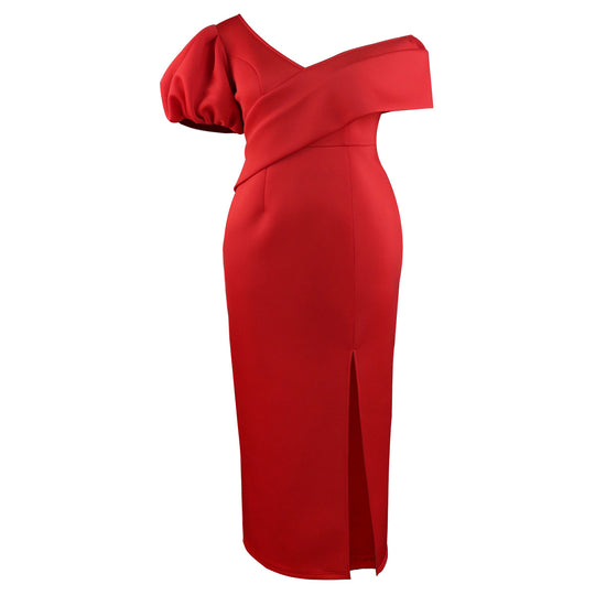 Damen Elegantes Maxikleid mit asymmetrischem Ausschnitt und voluminösen Puffärmeln R&B