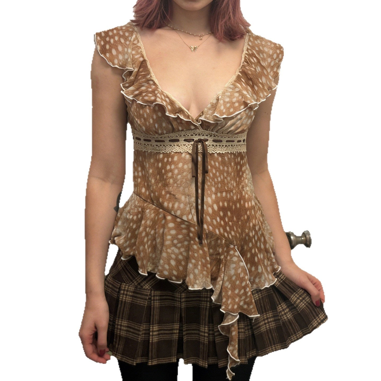 Damen asymmetrisches Sommerkleid mit Rüschen und Spitzenakzenten R&B