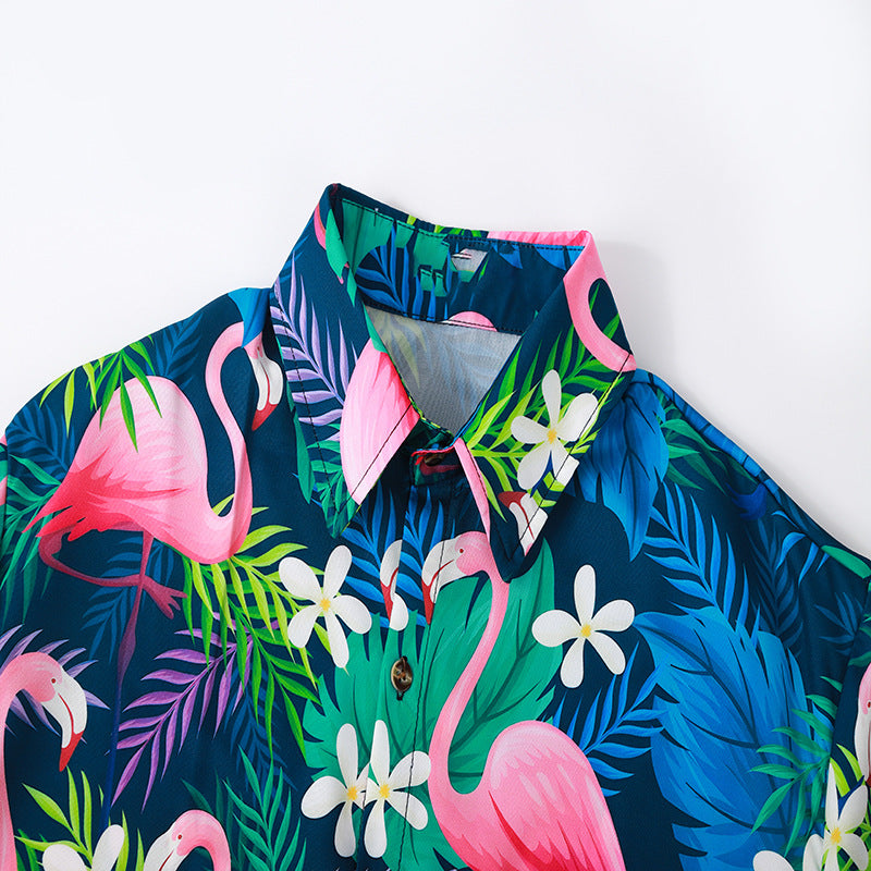 Herren Kurzarmhemd mit lebendigem Flamingo-Muster und atmungsaktiver Baumwolle R&B