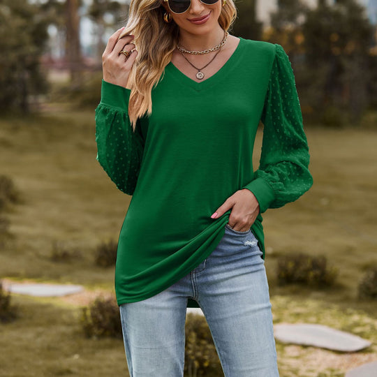 Damen elegantes V-Ausschnitt Oberteil mit Puffärmeln R&B