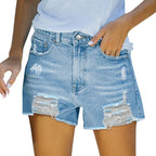 Damen Denim-Shorts im lässigen Destroyed-Look mit hohem Bund und fransigem Saum R&B