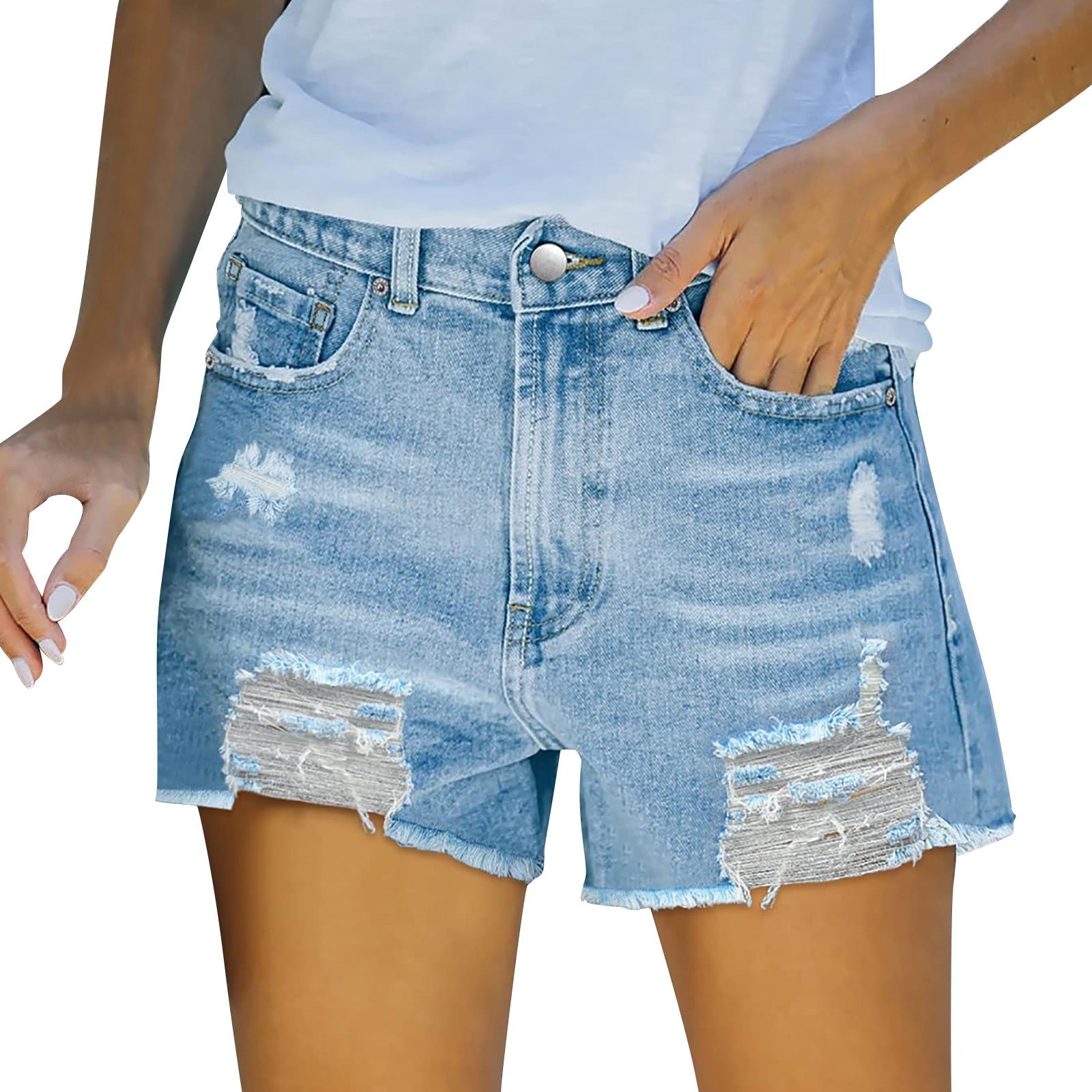 Damen Denim-Shorts im lässigen Destroyed-Look mit hohem Bund und fransigem Saum R&B