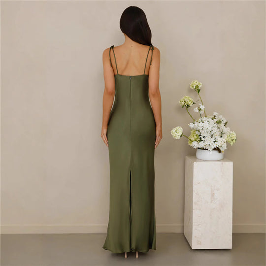 Damen Elegantes Satin-Maxikleid mit verstellbaren Trägern und figurbetontem Schnitt R&B