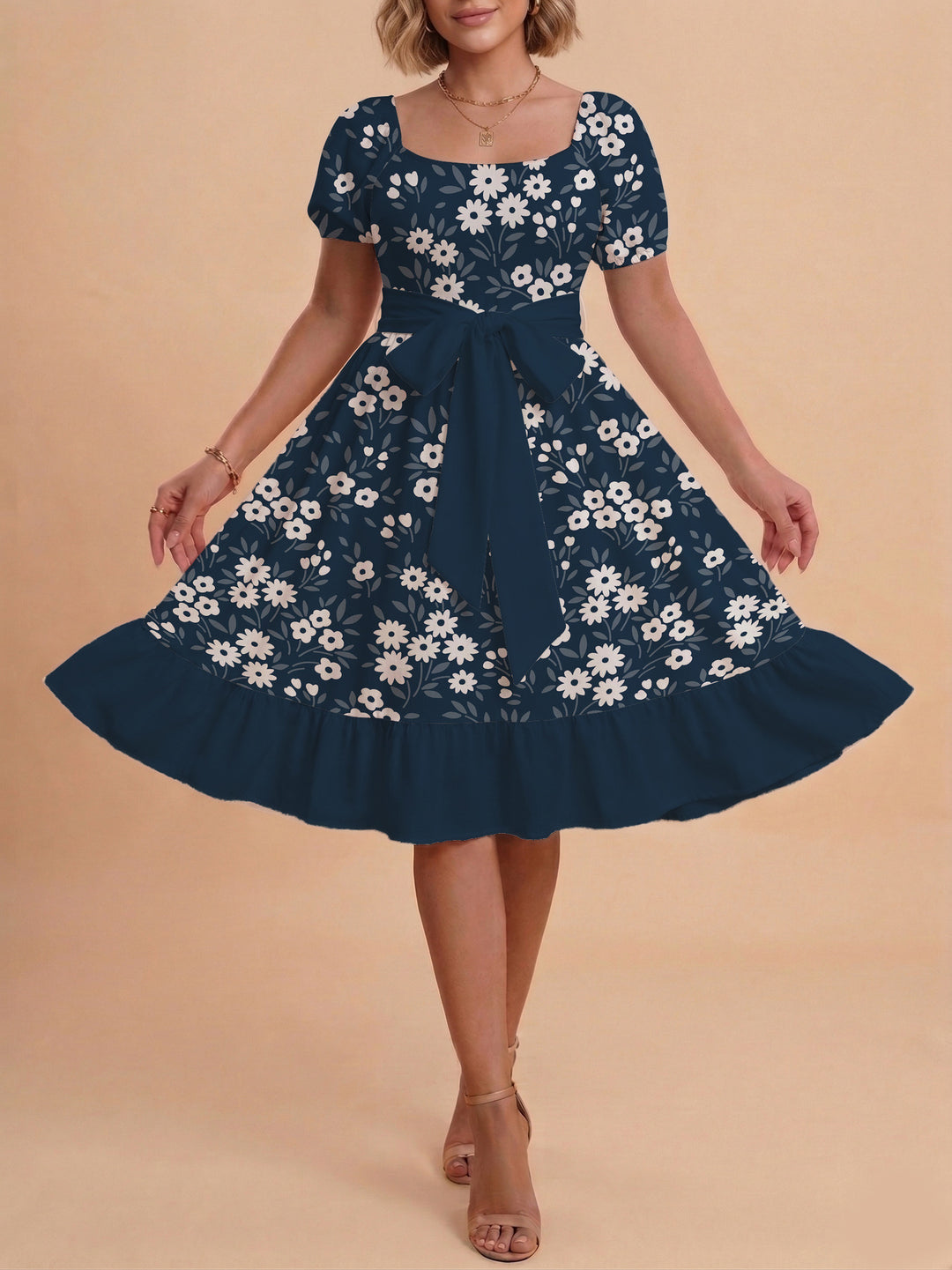 Damen Blumenkleid mit taillierbarem Gürtel und voluminösen Ärmeln R&B