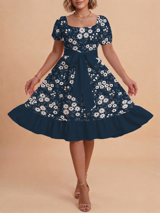 Damen Blumenkleid mit taillierbarem Gürtel und voluminösen Ärmeln R&B