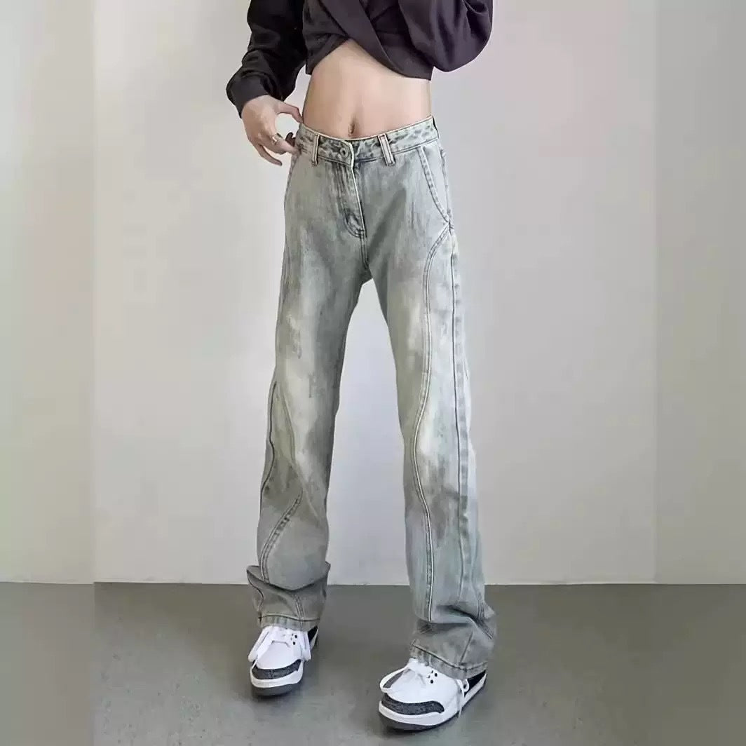 Damen weite High-Waist Denim-Jeans mit distressed Optik und bequemen Seitentaschen