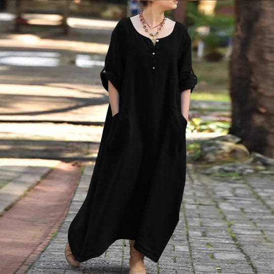 Damen lässiges Maxikleid mit praktischen Taschen und Knopfdetails R&B