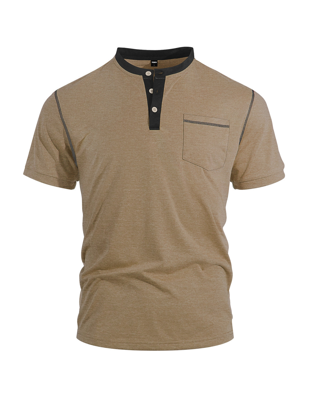 Herren nan legeres Kurzarm-Bandkragenshirt mit Knopfleiste Brusttasche und Flatlocknähten R&B