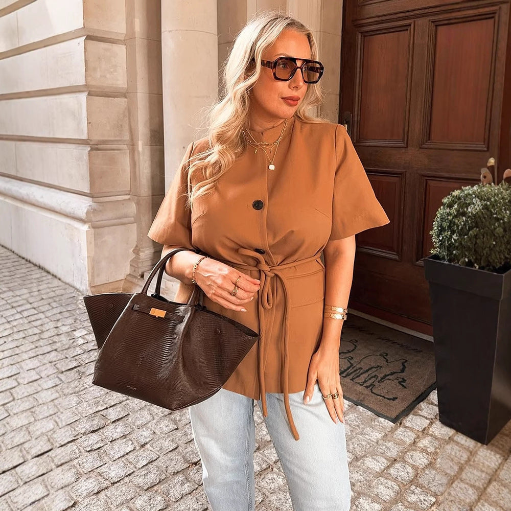 Damen modische Übergangsjacke mit Gürtel und praktischen Taschen R&B
