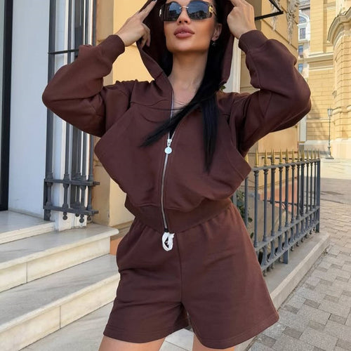 Damen lässiges Cropped Hoodie- und Shorts-Set mit praktischen Kordelzügen R&B