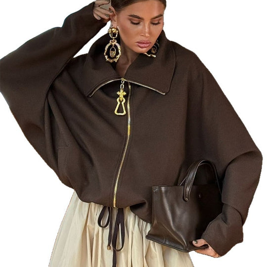 Damen Lässige Oversize-Jacke mit hohem Kragen und Reißverschluss R&B