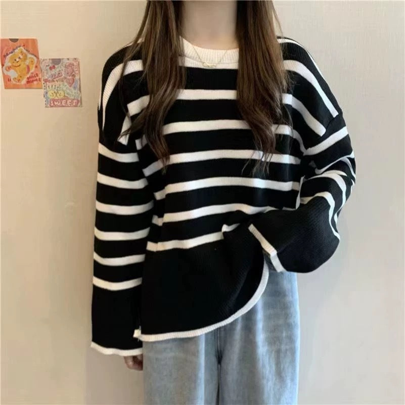 Damen gemütlicher Strickpullover mit Streifen R&B